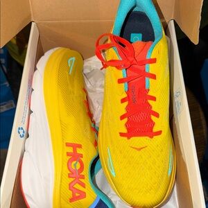 Hoka Men's Clifton Sneakers in Yellow with Red and Aqua Accents